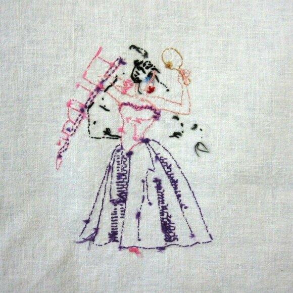 Flour Sack Linen His and Hers Towels Embroidered Crochet Edge Vintage 1950s - Picture 6 of 11